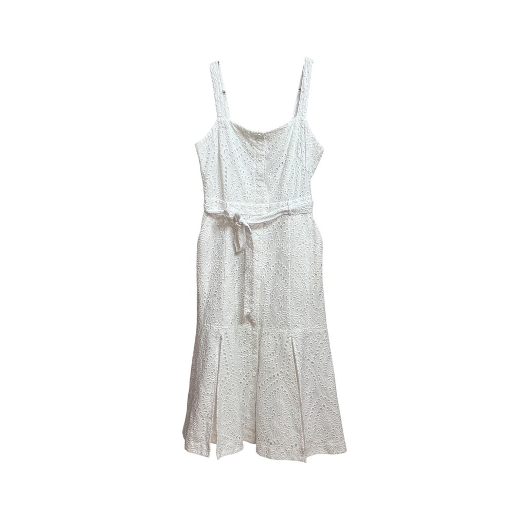 Karen Millen White Eyelet Midi Dress French Girl Minimalist Quiet‎ Luxury US 10